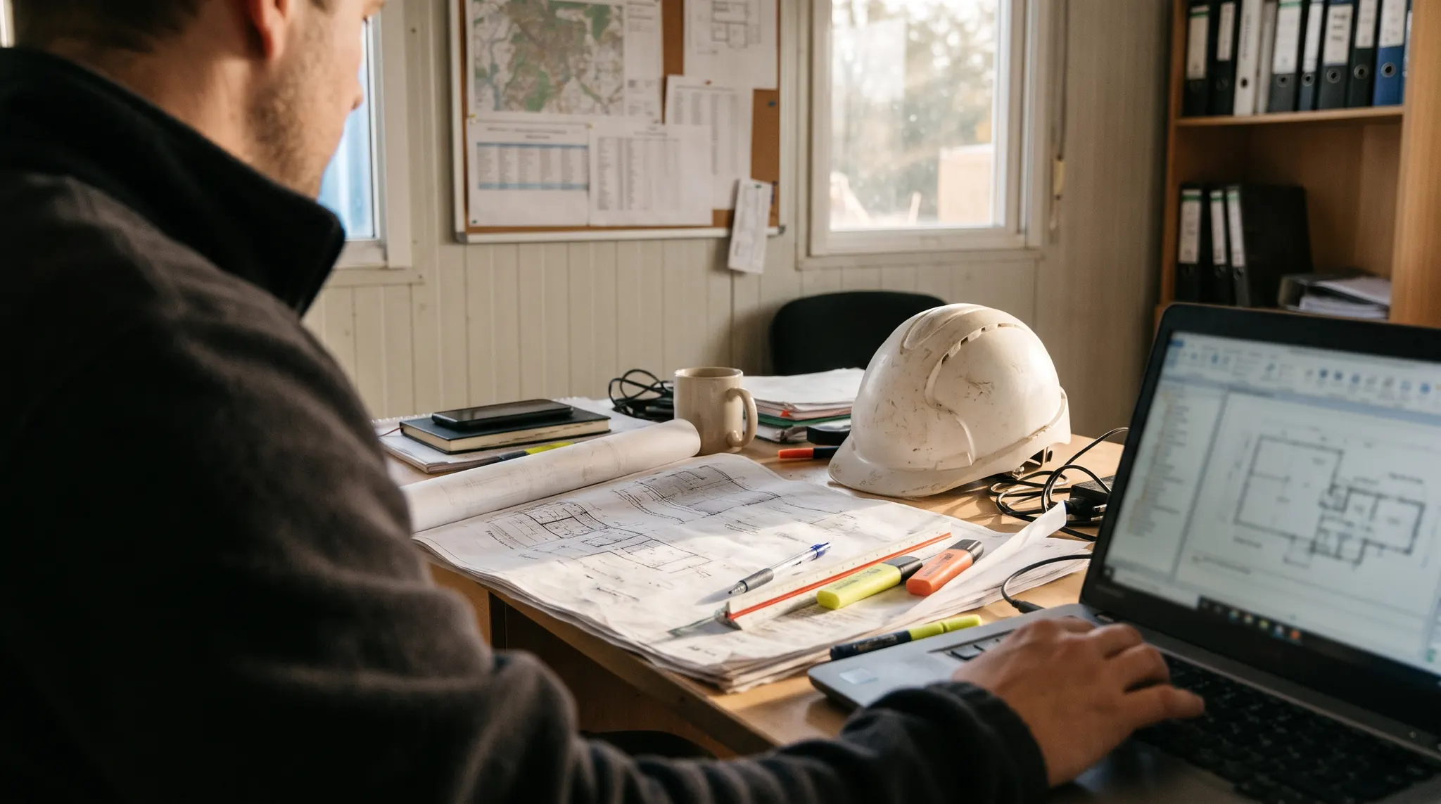 A person working on a laptop beside printed drawings in a site office