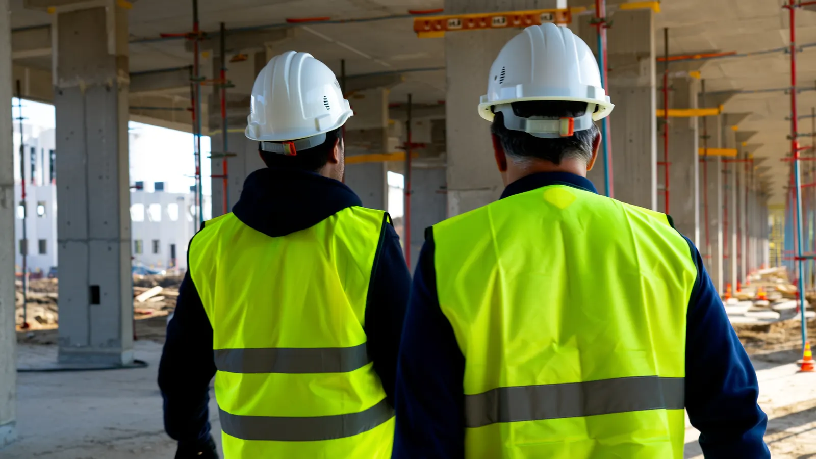 Two construction professionals walking through a building under construction