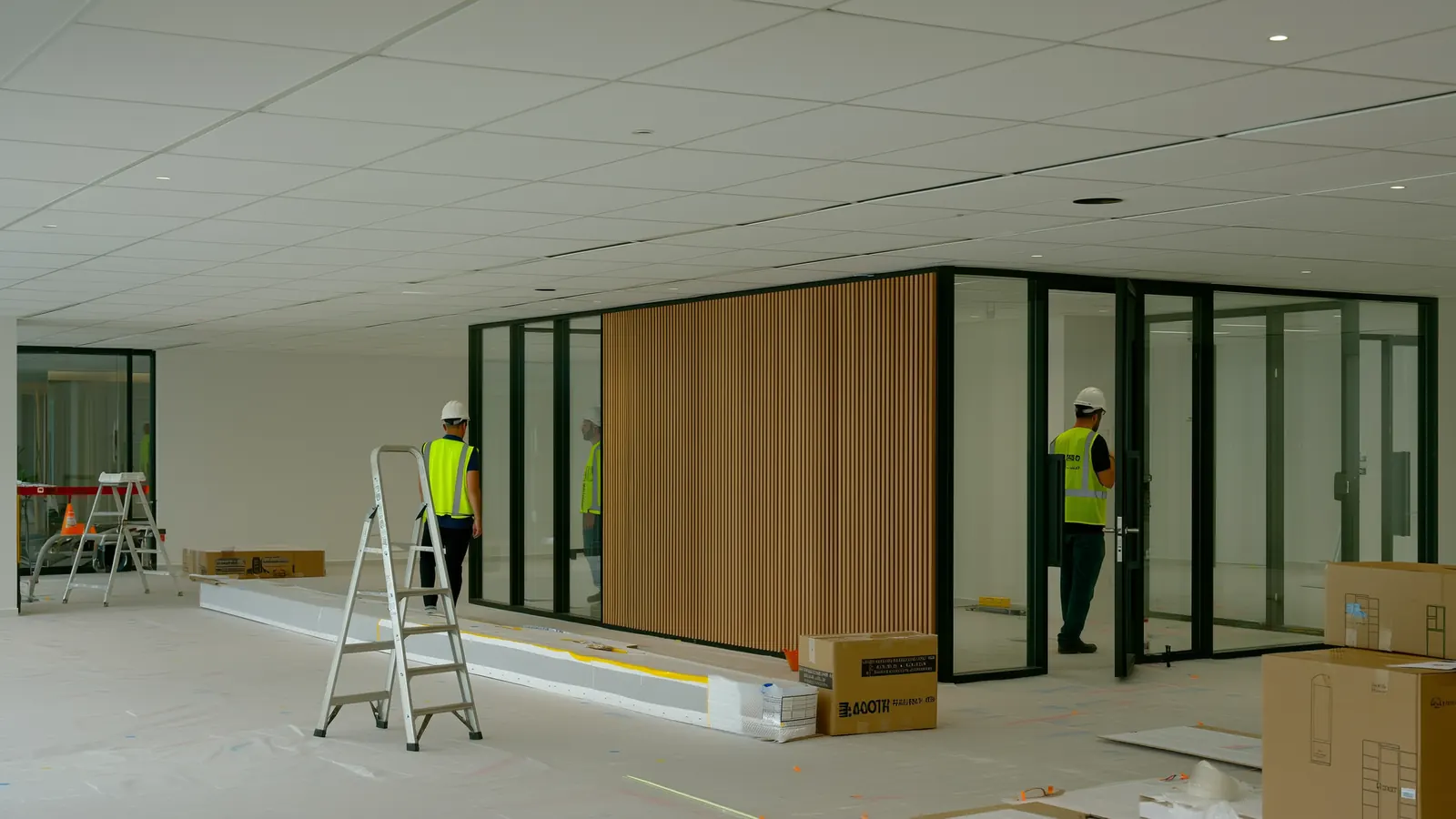 A nearly finished office fit-out with glass meeting rooms and a timber feature wall