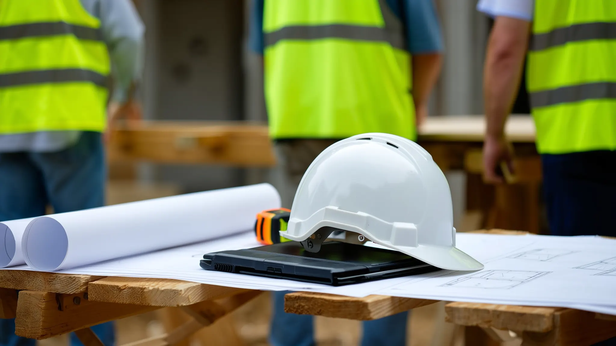 A hard hat, a tablet and rolled drawings on a site table