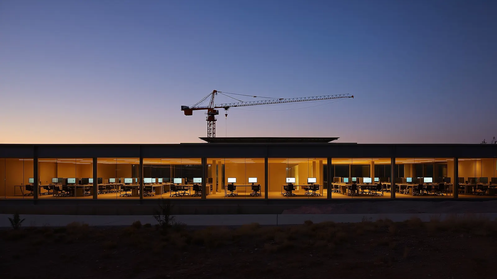 A construction company office at dusk, a tower crane behind
