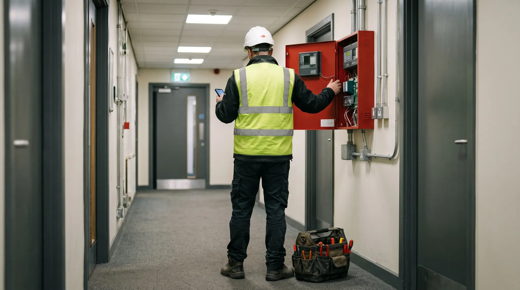 A maintenance engineer with a phone in hand opening a fire alarm panel in a corridor
