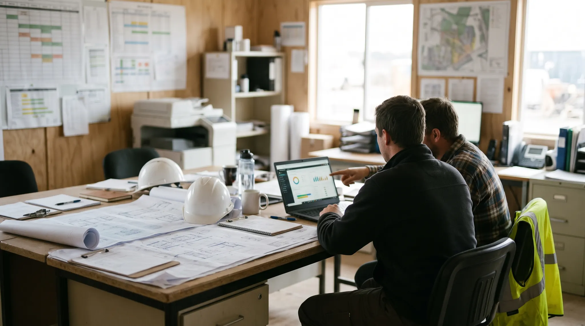 Two people going through a dashboard on a laptop in a site office