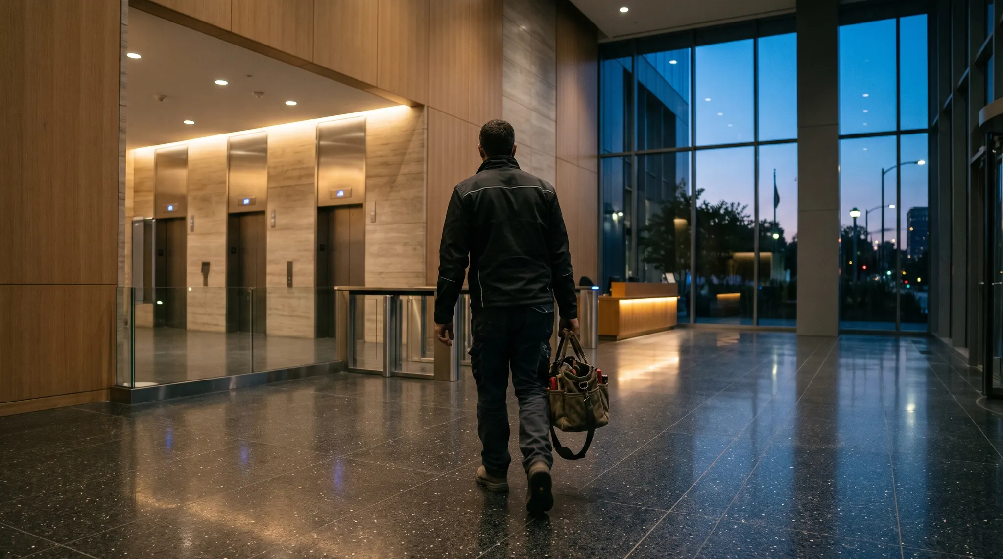 A maintenance engineer with a tool bag crossing an office building lobby at dusk