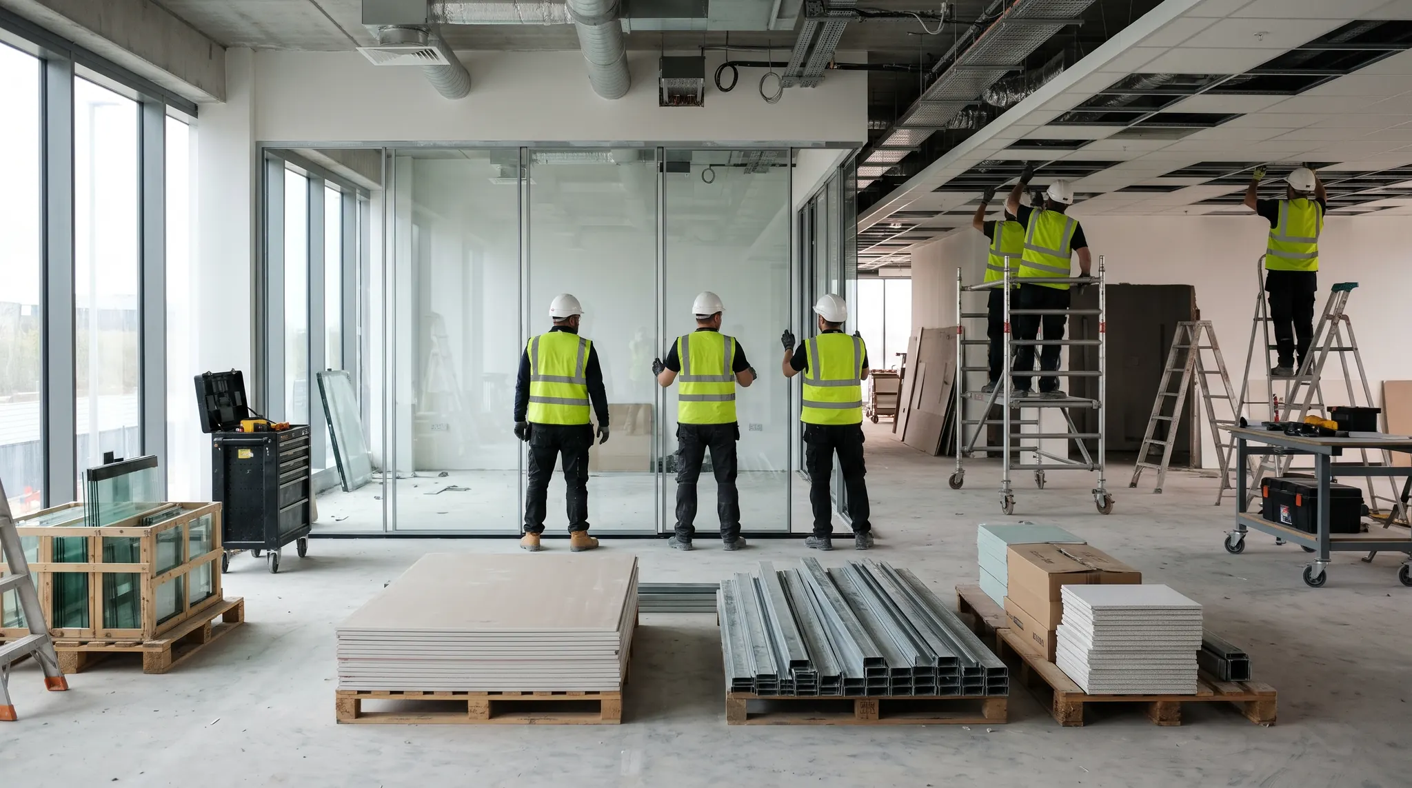 A fit-out team installing glass partitions and a suspended ceiling