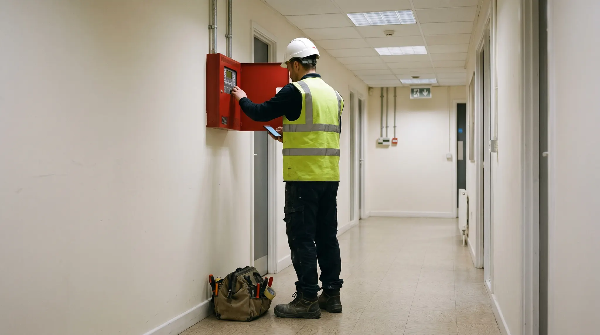 A maintenance engineer opening a fire alarm panel in a corridor, phone in hand