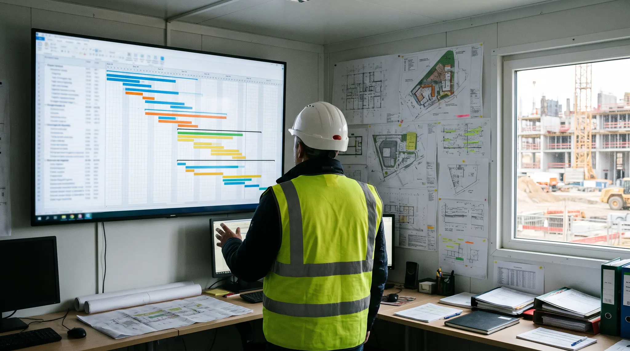 A project manager at a wall screen showing the construction programme