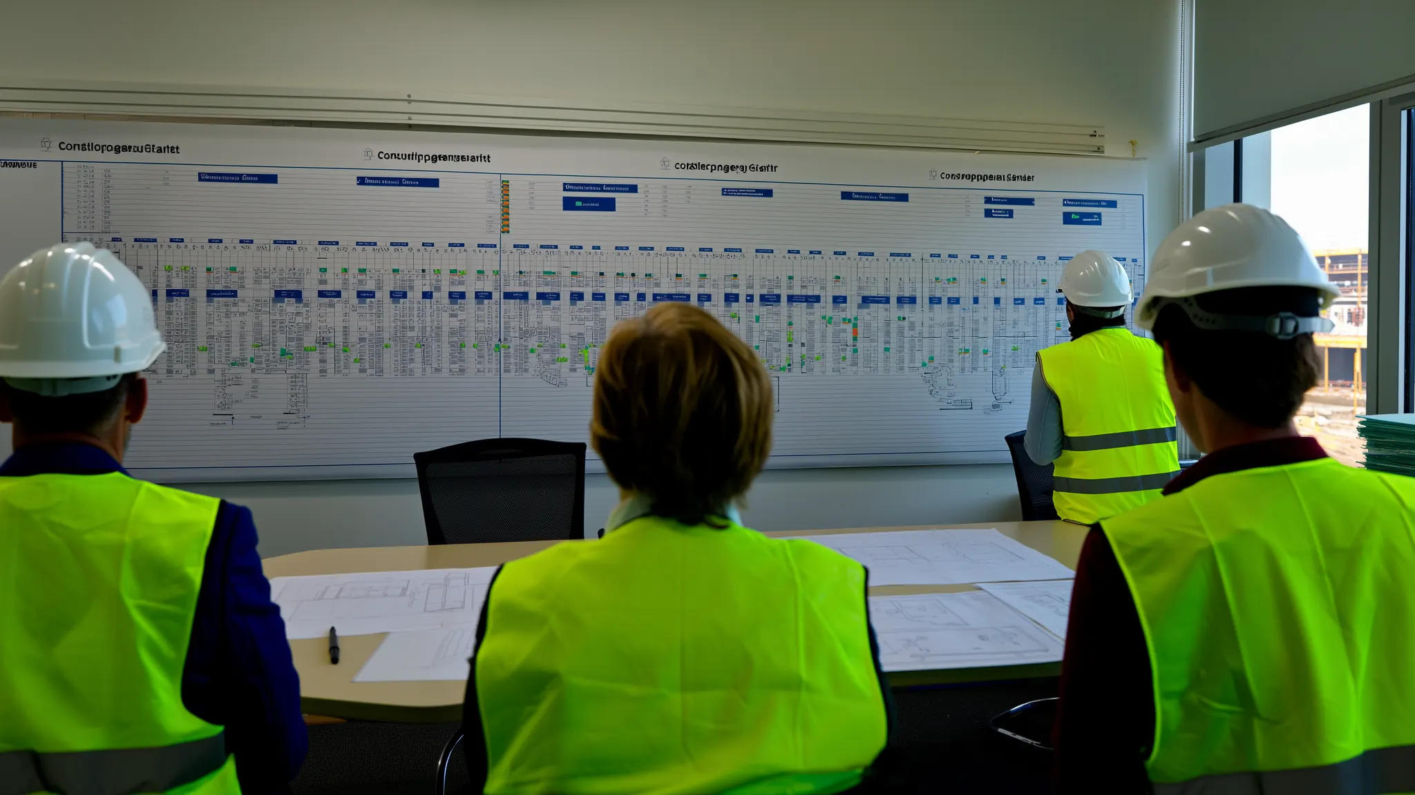 A planning meeting in a site office, the programme pinned along the wall