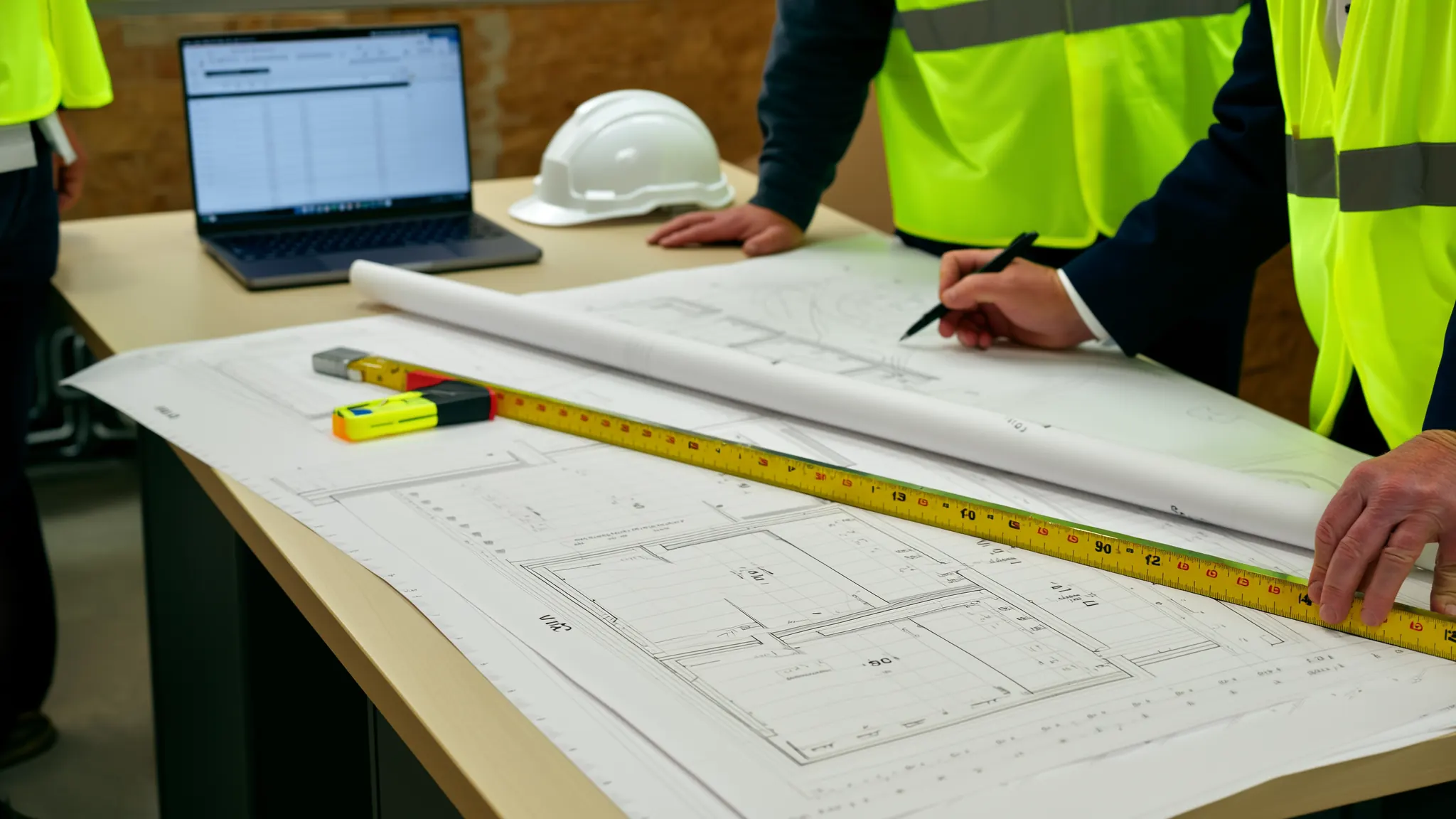 An estimator marking up printed floor plans at a desk