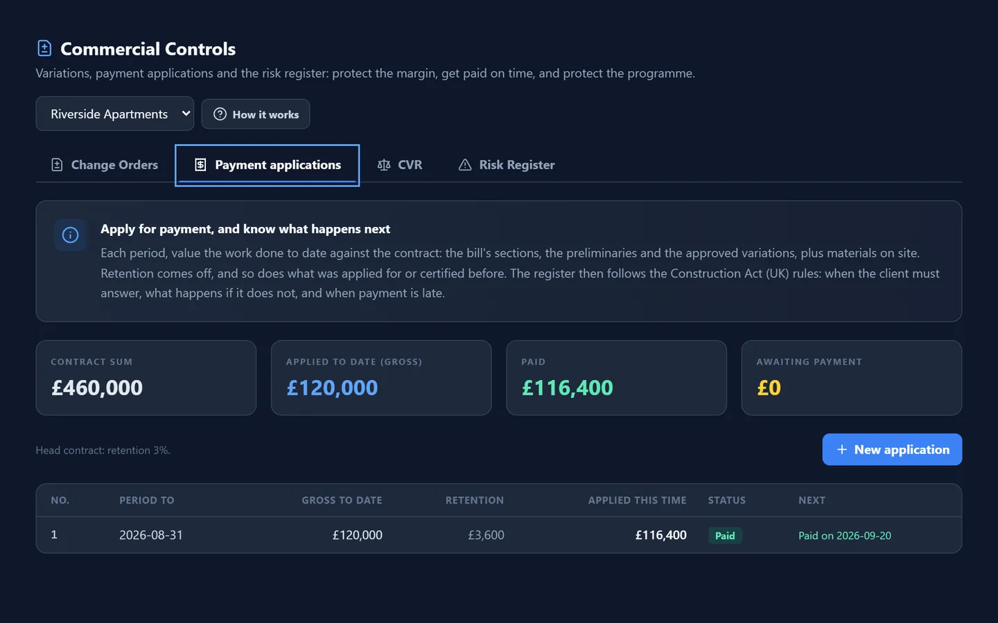 Payment applications for a job